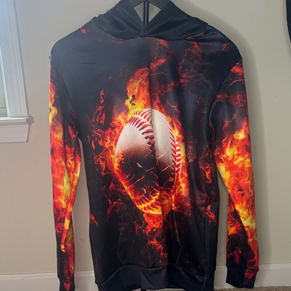 Flaming Baseball Graphic Hoodie Youth Size Large